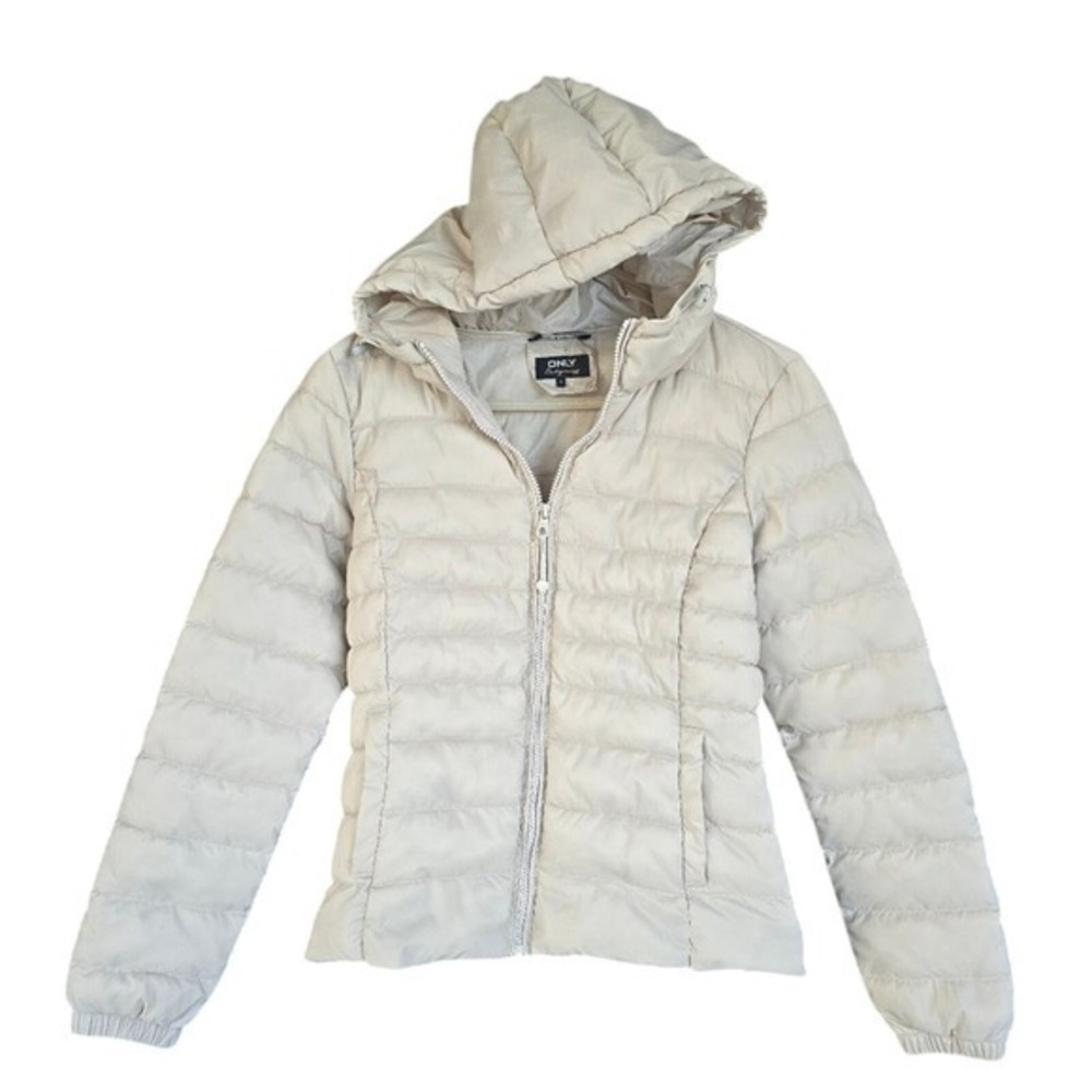 ONLY Women's Puffer Jacket Hooded Lightweight Quilted Beige Size S